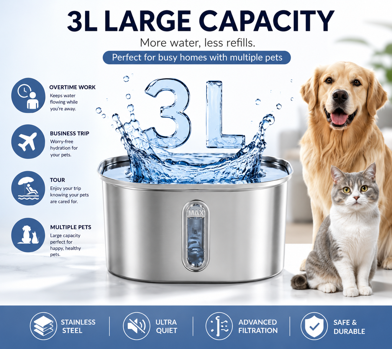 3L Stainless Steel Automatic Pet Water Fountain – Ultra-Quiet Filtered Drinking Station